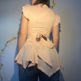 Retro V-Neck Solid Color Temperament Collar Collar Buckle Design Irregularly Lowers The Waist Tie With Flying Sleeve