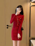 Autumn winter new in Chic Red knit dress women long sleeves O-Neck Button elegant Party dresses-Outfit