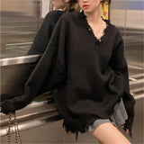 Woherb New Autumn-Winter 2023 V-Neck Sweater Female Loose Long Sleeve Lazy Wind Jacket Sweater Niche Style Broken Hole Sweater-Outfit