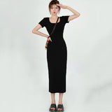 2024 Summer Bodycon Long Dress Women Korean Style Mid-Length Short Sleeve Dresses Woman Solid Streetwear Slim Vestidos-Outfit
