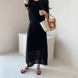 Knit 2 Piece Sets Women Tops and Elastic Waist Skirts Spring Summer Hollow Out Korean Knitted Two Piece Set Woman