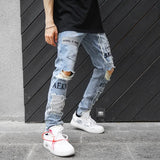 Hole Skinny Jeans Men Streetwear Letter Print Patchwork Straight Pencil Pants Male Vaqueros Hombre Hip Hop