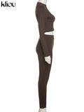 Kliou fashion tracksuit women turtleneck full sleeveless crop top+leggings matching set stretchy sporty fitness casual