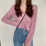 Woherb Out Thin Jacket Summer 2024 New Draw Rope V Collar Short Money Wearing Sunscreen Shirt Sweet Spicy Short Sleeve Knit Women-Outfit
