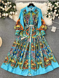 French Vintage Lapel Lantern Sleeve Print Dress Female Straps Closed Waist Show Slim Elegant Dress-Outfit