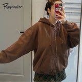 Brown Harajuku Jackets Coat Women Y2K Long Sleeve Outfits Zipper Big Pockets Hoodies Fleece Warm Coat Sweat