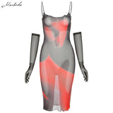 Summer Sexy Mesh See Through Print Sling Dress Women Fashion Removable Long Sleeve Clothing Lady Slim Dresses 2021