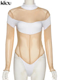 Kliou Mesh Patchwork Bodysuit Women Sexy See Through Halter Backless Panelled One Piece Female Elastic Summer Swimsuit