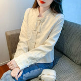 Woherb Texture Short Coat Female Spring And Autumn 2024 New Hot Style National Wind Plate Buckle Long Sleeve Jacket Autumn Women's Wear-Outfit