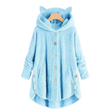 Plush Hoodies Sweatshirt Harajuku Irregular Hem Fluffy Woman Fleece Coat Kawaii Cat Ear Buttons Solid Female Teddy