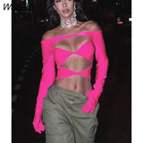 Sexy Hollow Out Gloves Women T-shirt Pink Long Sleeve Round Neck Short T-shirt Female Autumn Slim Fashion Party Top 2022-Outfit
