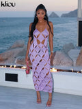 Kliou Unique Style Geometric Maxi Dress Women Elegant Spaghetti Strap Cleavage Backless Hollow Out Robe High Street Lady