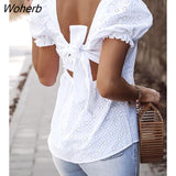 Women Plain Bow Tied Back T-Shirt 2022 Femme Casual Puffy Sleeve Kawaii Tunics Office Lady Blouse New Clothing traf-Outfit