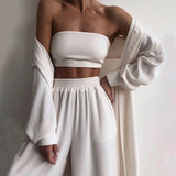 Women Three Piece Sets Fashion Casual Wrap Solid Tops And Wide Leg Pants Suits Homewear Elegant Soft Female 3 Piece