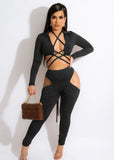 Sexy Bandage Hollow Out Long Sleeve Crop Top And Cut Out Pant Two Piece