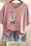 100% Cotton L-5XL T Shirt Plus Size Tshirt Short Sleeve Cartoon Women Top Summer Sweet Couple V Neck Oversized T Shirts-Outfit