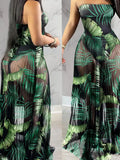 Fashion Women Mesh Maxi Dress Robes Beachwear Off Shoulder Leaf Print Tube See-through Pleated Long Party Club