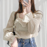 South Korea Chic Sweet Square Collar Temperament Shirt Women Summer Retro Hong Kong Flavor Folds Puff Sleeve Top