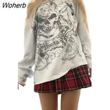 Women Loose Graphic Skull Print Print Pullover Punk T-shirts Vintage Round Neck Y2k Grunge Long Sleeve Top Streetwear-Outfit