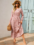 Autumn New Bohemian Floral Print Long Sleeve Waist Dress Women O Neck Loose Casual Beach Vestidos Holiday Robe Dresses-Outfit