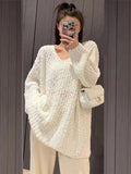 Winter New 2022 V-Neck Knitting Pullover Fashionable Street Style Women's Long Sleeve Oversized Sweater Top Pullover-Outfit