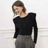 2020 New Fashion Pads Shoulder Top Women Graceful Long Sleeve T-Shirts Ladies Solid Color Top for Work Daily Wear Autumn