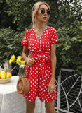 Women's Wear Station Summer Wave Dot Sexy V-Neck Short-Sleeved Dress-Outfit