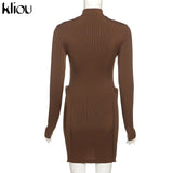 Kliou Knitted Stitching Mini Dress Women Hipster Skinny Three-Dimensional Decoration Bodycon Long Sleeve Turtleneck