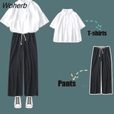 Women Sets Solid Short Sleeve T-shirt Ankle-length Wide Leg Pants Basic Preppy Style OL Ulzzang Fashion Outfit Soft Females Chic-Outfit