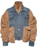 Winter Casual Denim Patch Ruched Long Sleeve Padded