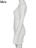 Kliou Stacked Hollow Out Mini Dress Women Fashion Stunning Long Sleeve Drawstring Undefined Skinny Skirt Attirewear Female