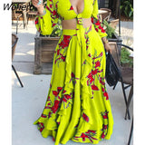 Women Two Piece Elegant Dress Suits Long Sleeve Tie Up Crop Top & Maxi Skirt Set-Outfit