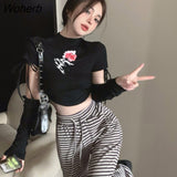 Rose Print Slim O Neck Short T Shirts Girl Sexy T-shirt With Outsleeve Female Korean Fashion Clothes Crop Top-Outfit