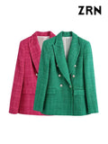 Women Fashion Double Breasted Tweed Green Blazer Coat Vintage Long Sleeve Flap Pockets Female Outerwear Chic Veste-Outfit