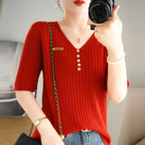 Woherb 2024 New Short Knit Women's Fashion Slim Short-Sleeve T-Shirt Thin Medium Sleeve Top-Outfit