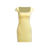 Puss New Hollow Mini Dress Women Solid Square Collar Short Sleeve Backless Elastic Skinny Bodycon Casual Vacation