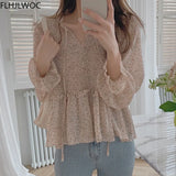 Chic Korea Cute Doll Shirt Design Women Sweet Japan Girls Floral Print Vintage Retro Peplum Ruffled Tops Blouse 2021 Fall