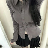 Sexy Shirts Skinny Grey Y2k Long Sleeve Pleated Elegant Chic Korean Fashion Streetwear Outer Wear Layer Top Office Lady