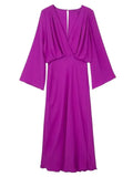 Solid Wrapped Satin Women Midi Dress Sexy Deep V Neck Loose Long Sleeve Maxi Dresses 2023 Female Evening Party Vestidos-Outfit