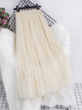 Women Beaded Petal Mid-length Ruffles Mesh Pleated Skirts Elegant High-waisted Fairy A-line Long Tulle Skirts QT1682-Outfit