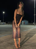 Mesh Off Shoulder Black Sleeveless Patchwork See Through Sexy Midi Dress 2022 Summer Bodycon Holiday Party Outfits