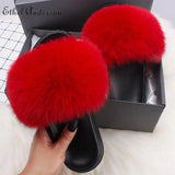ANERSON Real Fox Raccoon Fur Slippers for Women Fur Slides Flip Flops Beach Plush Fluffy Furry Designer Slippers