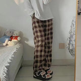 Waist Women's Brown Plaid Pants Streetwear Oversize Wide Leg Checkered Trousers Woman 2024 Loose Y2K Retro Sweatpants Mujer-Outfit