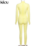 Kliou See Through Hollow Out Sexy Zipper Jumpsuit Women Turtleneck Net Plaid Hole Skinny Elastic Club Streetwear