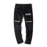 Street Hole Retro Graffiti Black Skull Jeans Men's Original Straight Slim Punk Pants Calca Masculina Denim