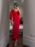Solid Women's Irregular Midi Dress Sexy V-neck One Shoulder Backless Slim Fit Robes 2023 Summer Lady Party Prom Vestidos-Outfit