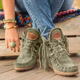 Ankle Boots Retro Medieval Faux Suede Leather Tassel Short Boot Lace Up Round Toe Western Cowboy Boots Casual Winter