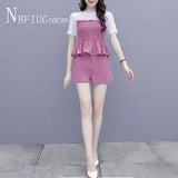 Summer Temperament Women Sets Plus Size Ruffles Blouse And Cute Shorts Female