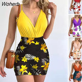Sexy Two Piece Set Wome Fashion V-neck Sleeveless Suspender Top Floral Print Tight Skirt Suit Two Piece Set Women-Outfit