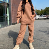 Autumn Winter Two Piece Set For Women Tracksuit Harajuku Hooded Sweatshirt And Elastic Waist Long Pant 2021 Solid